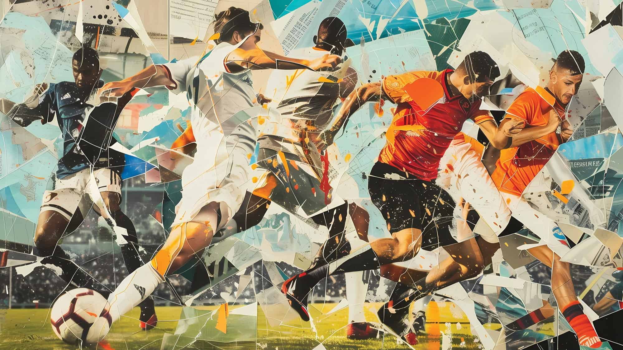 A dynamic collage of soccer players mid-action on the field, overlaid with fragmented images of paperwork and documents, captures the anticipation building in Pioneer Square ahead of World Cup 2026.