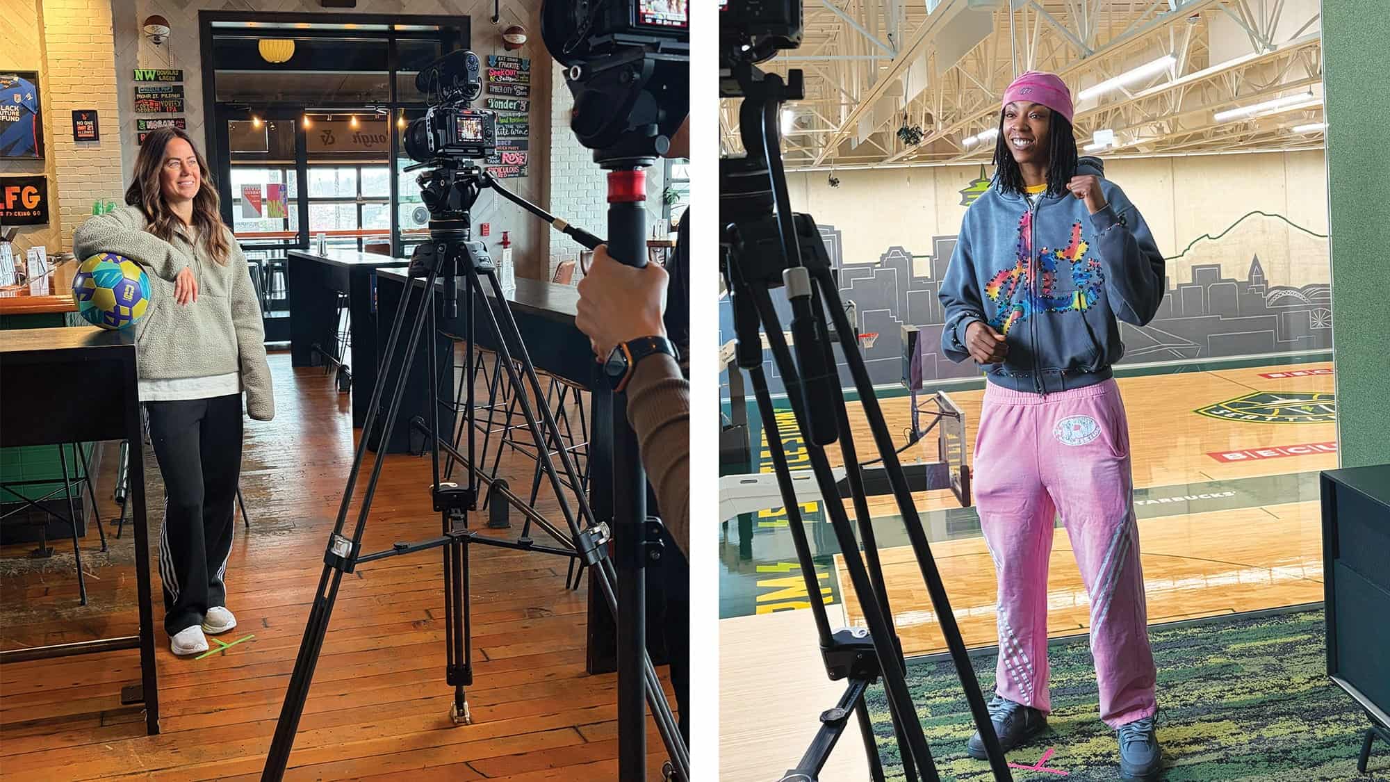 Two women, filmed separately indoors, take pride of place—one stands by a bar with a soccer ball, while the other poses on a gym floor. Camera equipment is visible in both scenes, evoking anticipation for the World Cup.