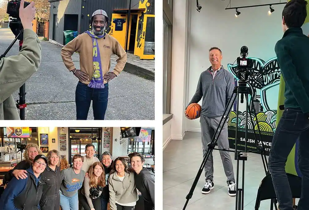 A collage shows a man outdoors being filmed, a man indoors holding a basketball in front of a camera, and a group of people—full of Pride of Place—posing together in a restaurant.