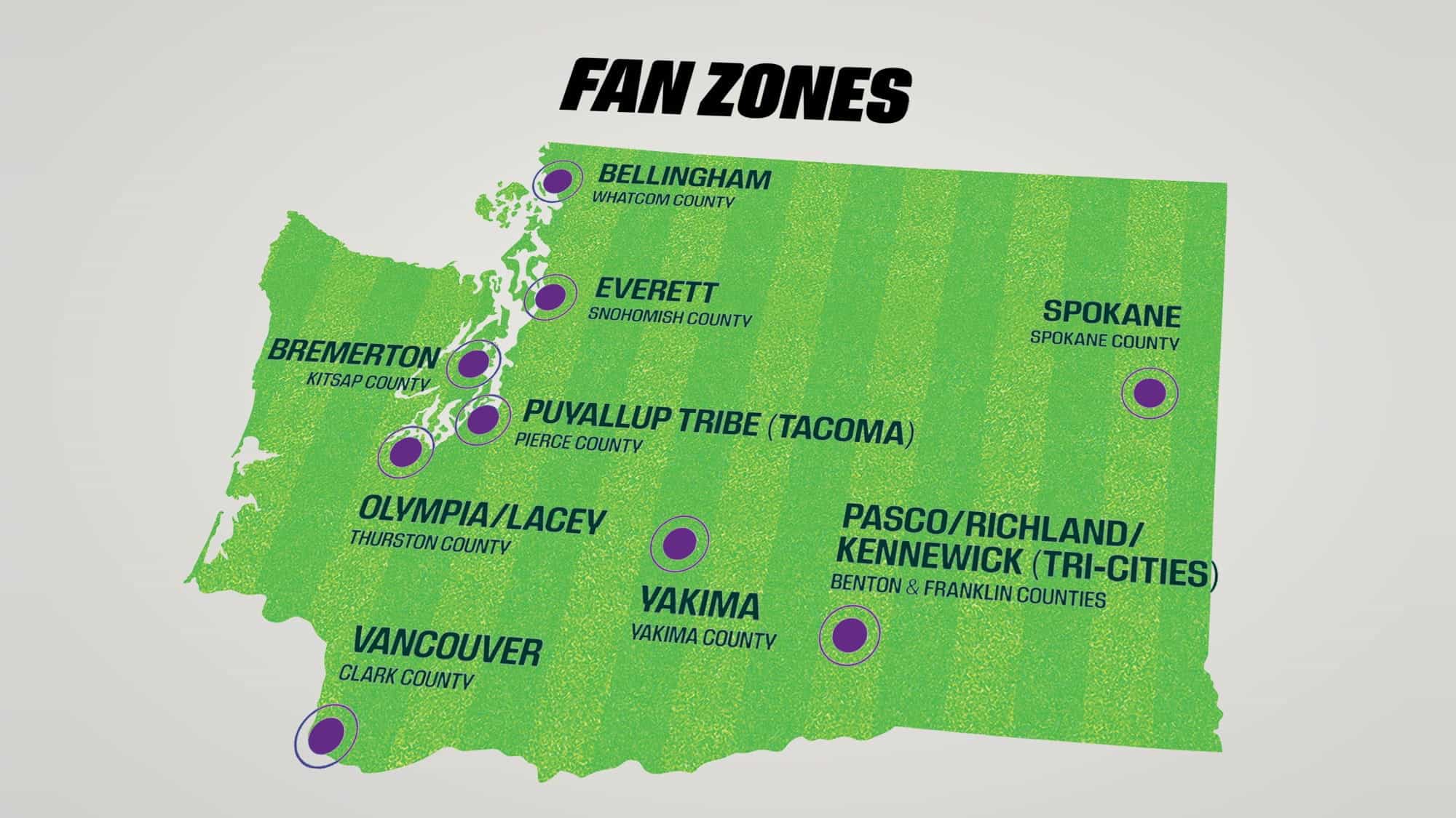 Map of Washington state showing locations of several "Fan Zones" for the World Cup, marked with purple dots in cities including Bellingham, Everett, Yakima, Spokane, Vancouver, and Seattle’s Pioneer Square.