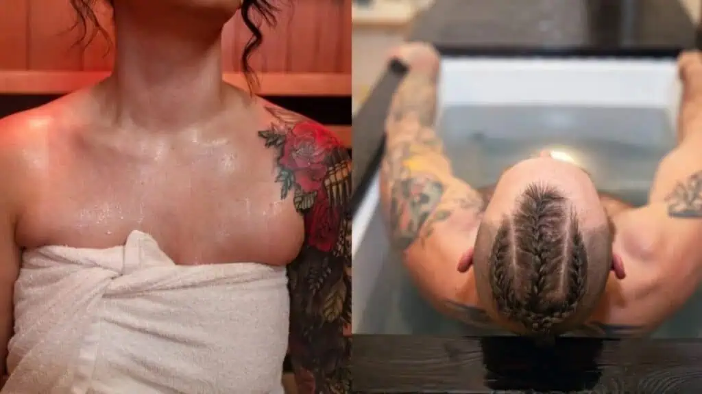 Split image: Left shows a person wrapped in a towel after a sauna session; right, another with braided hair enjoying cold plunges in an ice bath. Both have visible tattoos—perfect post-SIFF relaxation.
