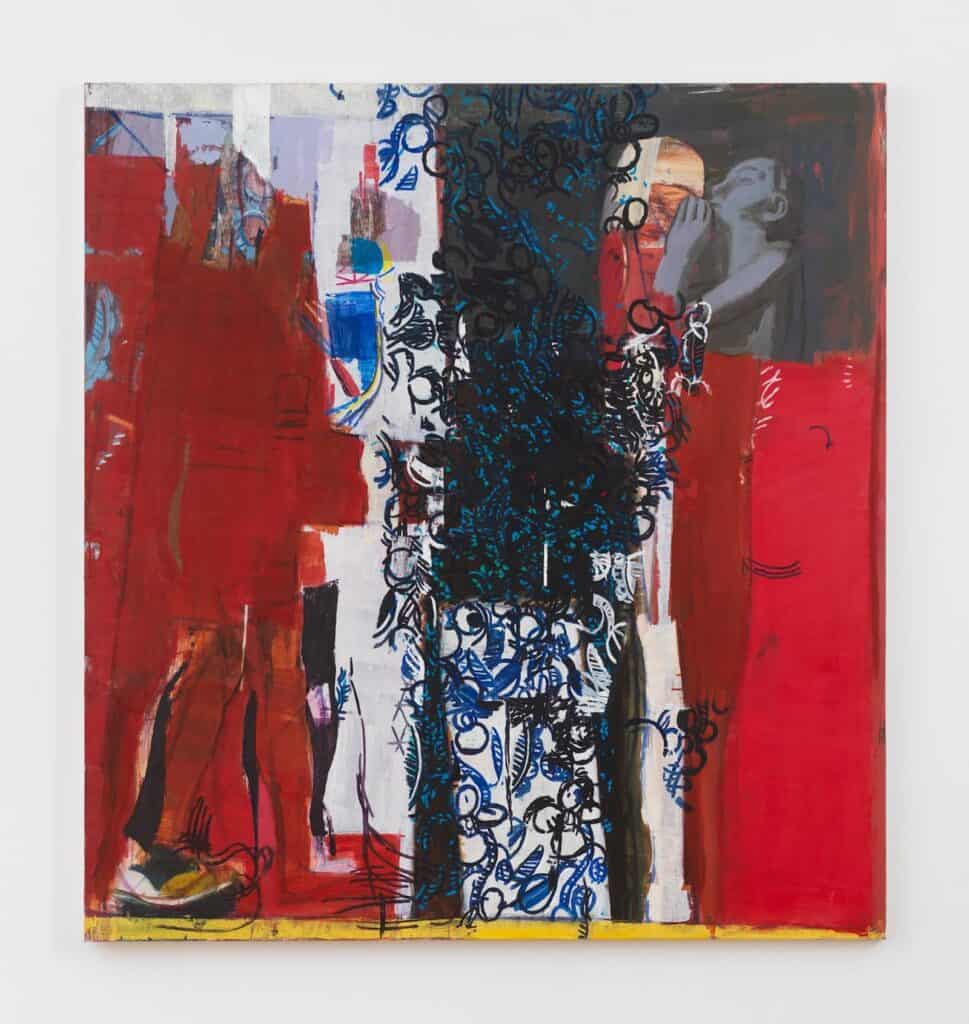 Abstract painting featuring bold red sections, black and blue scribbles in the center, and partial figures including one holding an object near their face on the right side.