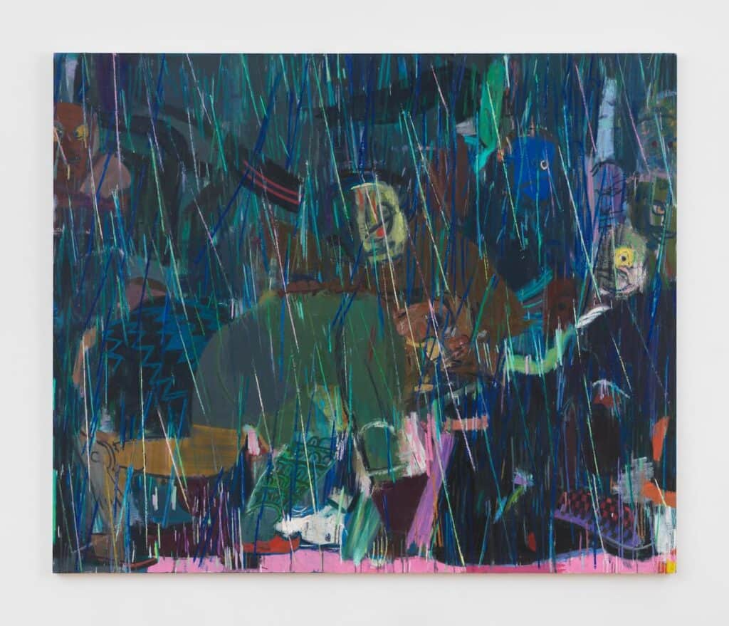 Abstract painting featuring dark, overlapping figures and faces beneath streaks resembling heavy rain, with vibrant accents of blue, green, and pink throughout the composition.