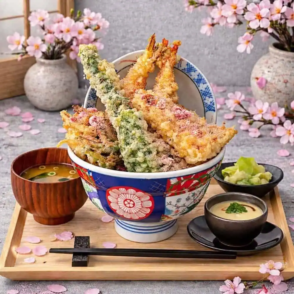 A bowl of assorted tempura on rice, served with miso soup, pickles, and a dipping sauce on a wooden tray, with cherry blossoms in the background.