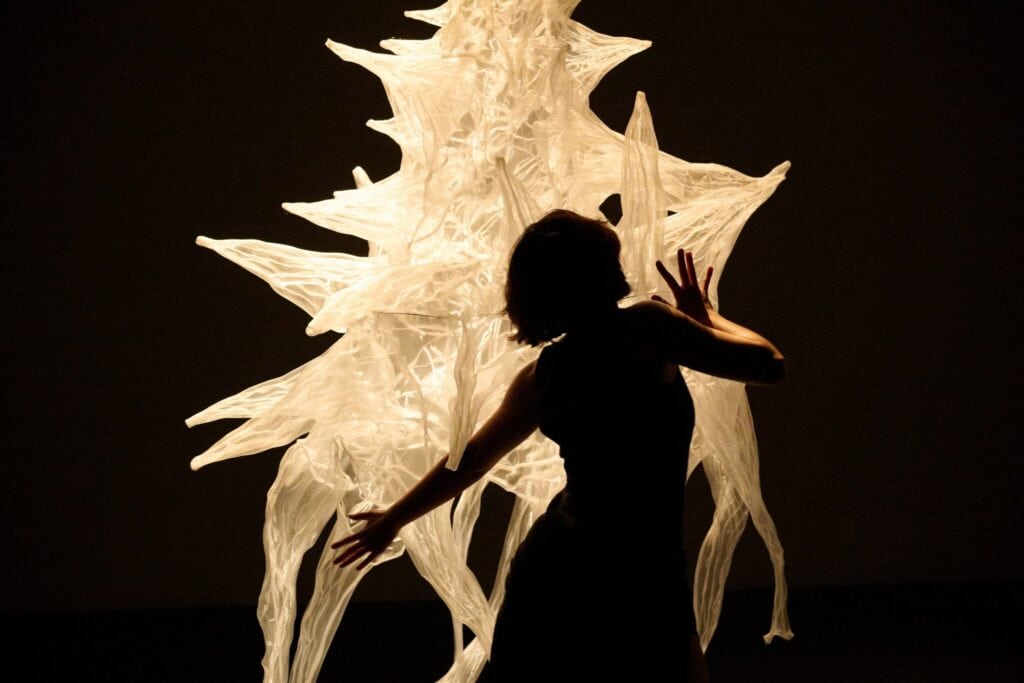 A person poses dramatically in front of a sculptural, translucent, abstract structure, with strong backlighting creating a silhouette effect.