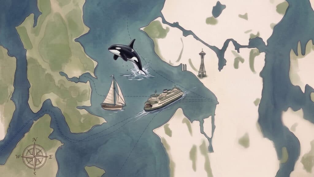 Illustrated map showing an orca, a sailboat, Seattle’s iconic Space Needle, a ferry crossing Puget Sound headed for Bainbridge, and surrounding waters with a compass rose in the bottom-left corner.