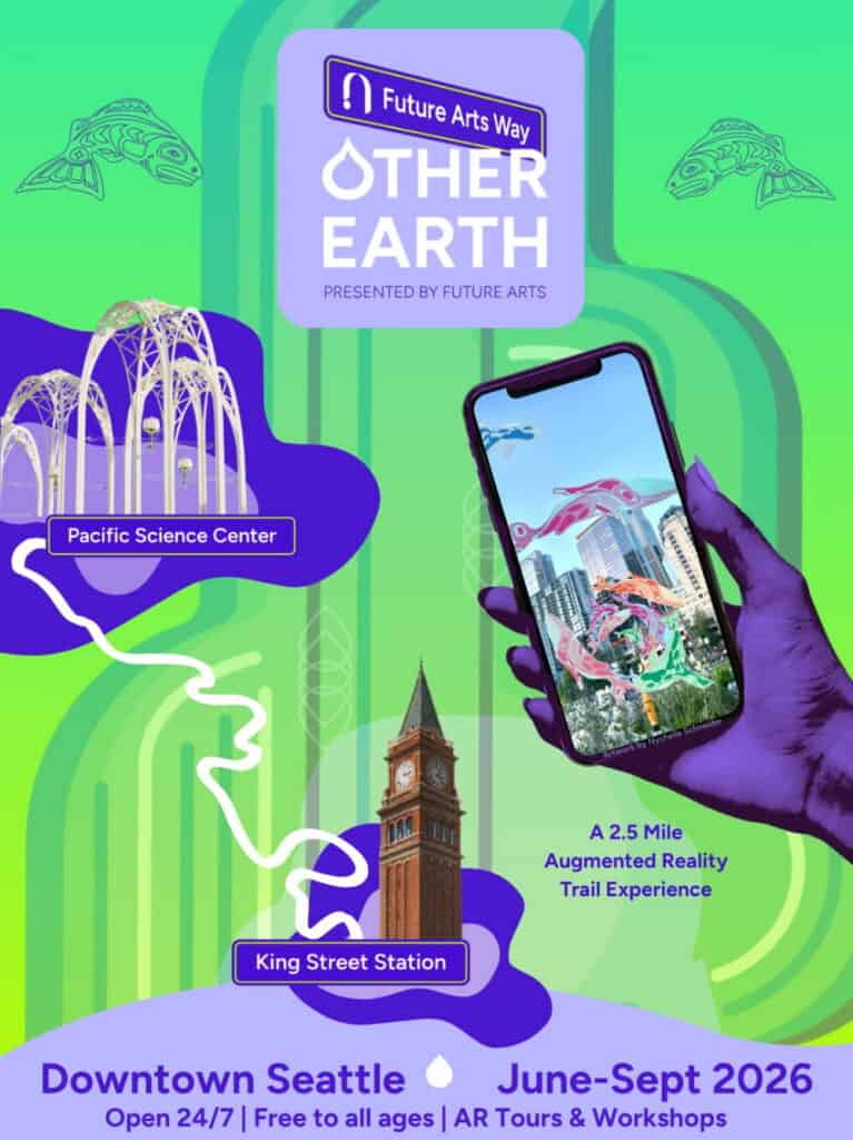 Promotional poster for "Other Earth," an augmented reality trail experience in downtown Seattle, June-Sept 2026, blending science, local landmarks, and digital art.