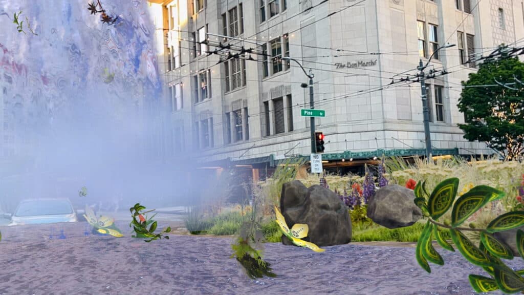 A city street corner with a large building, street sign, and surreal, digitally altered elements like floating plants and distorted water in the foreground, blending touches of science-inspired details for a futuristic feel.