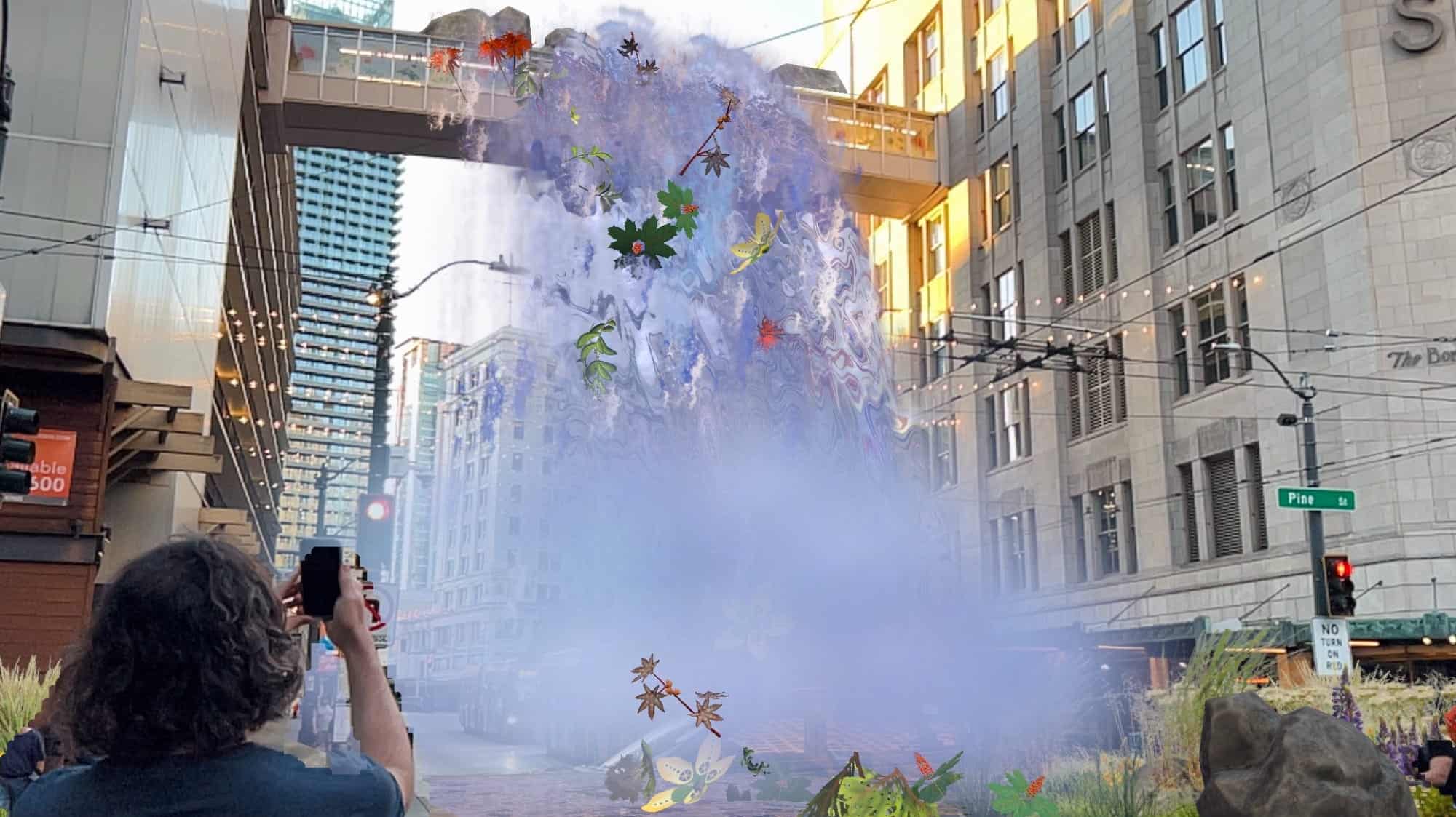 A city street corner with a large building, street sign, and surreal, digitally altered elements like floating plants and distorted water in the foreground, blending touches of science-inspired details for a futuristic feel.
