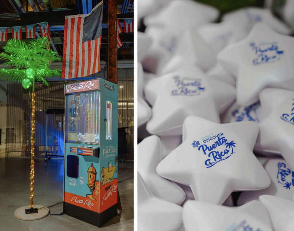 A decorated arcade claw machine stands beside a balloon palm tree and U.S. flag; close-up of star-shaped items labeled "Discover Puerto Rico" from Jo Cosme's Studio Sessions.