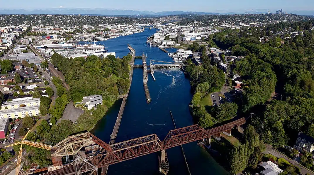 Aerial view of a canal with bridges, industrial buildings, and greenery on both sides, with exotic automobiles cruising nearby and the city skyline visible in the background.