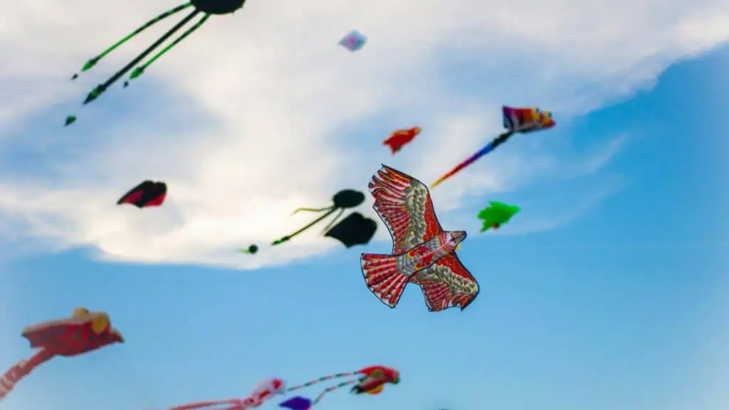Several colorful kites, including a bird-shaped kite, are flying in a blue sky with some clouds.