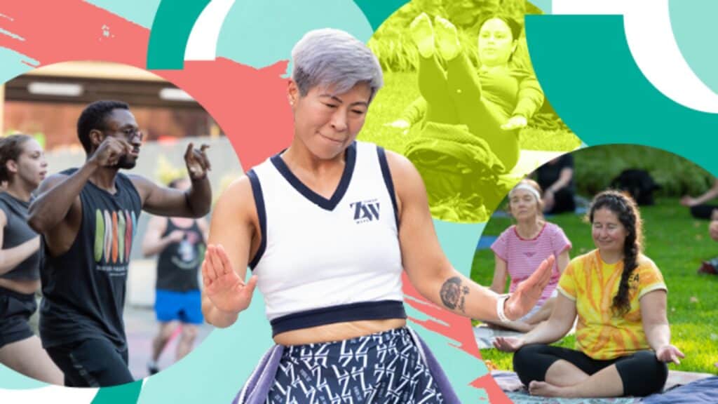 People participating in various fitness activities, including a dance class, outdoor yoga, and an exercise group, against a colorful abstract background.
