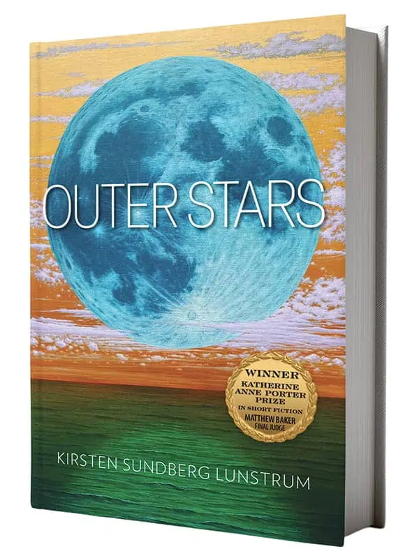Book titled "Outer Stars" by Washington author Kirsten Sundberg Lunstrum, featuring a large blue moon over orange clouds and a gold winner seal—an ideal summer read for your favorite Seattle reading spots.