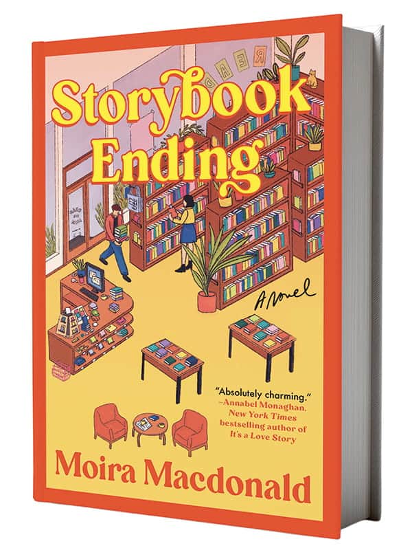 Book titled "Storybook Ending" by Moira Macdonald, featuring an illustrated bookstore scene with bookshelves, tables, and people browsing—ideal for fans of Seattle reading spots and perfect as a summer read.