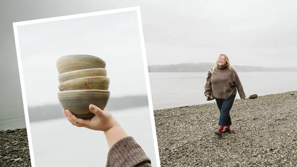 A person stands on a rocky shore near water, showcasing creativity by holding stacked ceramic bowls in one hand; another shot shows them smiling and walking by the water.