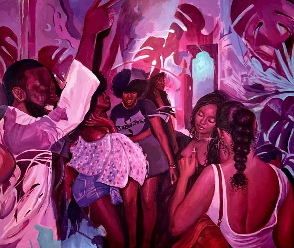 A group of people dance and mingle at a party under pink and purple lighting, surrounded by large leafy plants and vibrant decor.