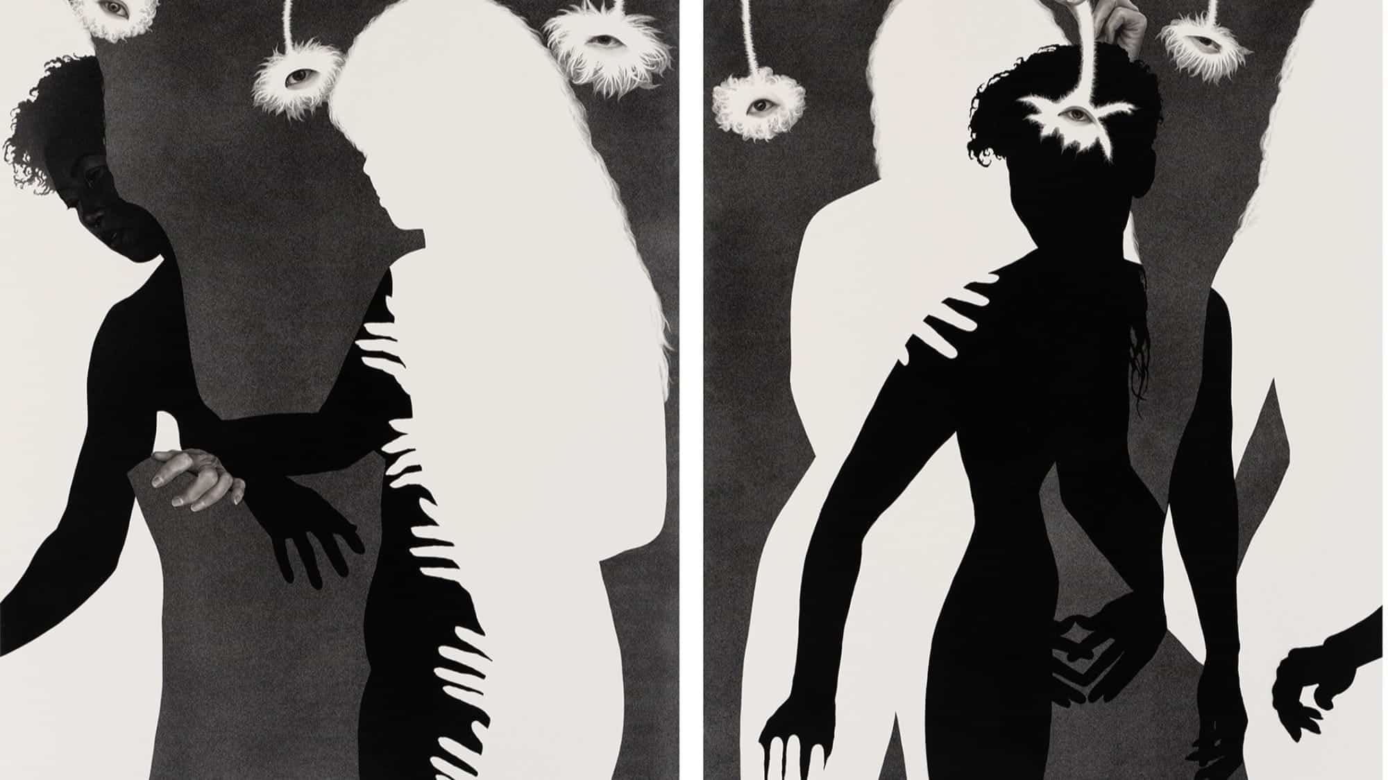 Two abstract human silhouettes with hands and flower-like shapes above their heads, rendered in black and white with overlapping figures—a striking visual that seamlessly blends art and tech, reminiscent of the creative energy found within an innovation lab.