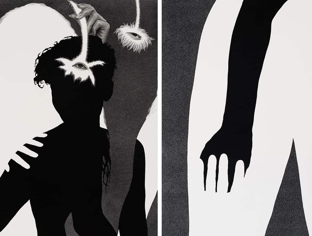 Abstract black and white artwork showing silhouettes, hands, and eye motifs; a hand holds an eye above a person's head on the left, with close-ups of limbs and hand shadows on the right—an evocative piece that reflects the intersection of art and tech within the vibrant PNW arts community.