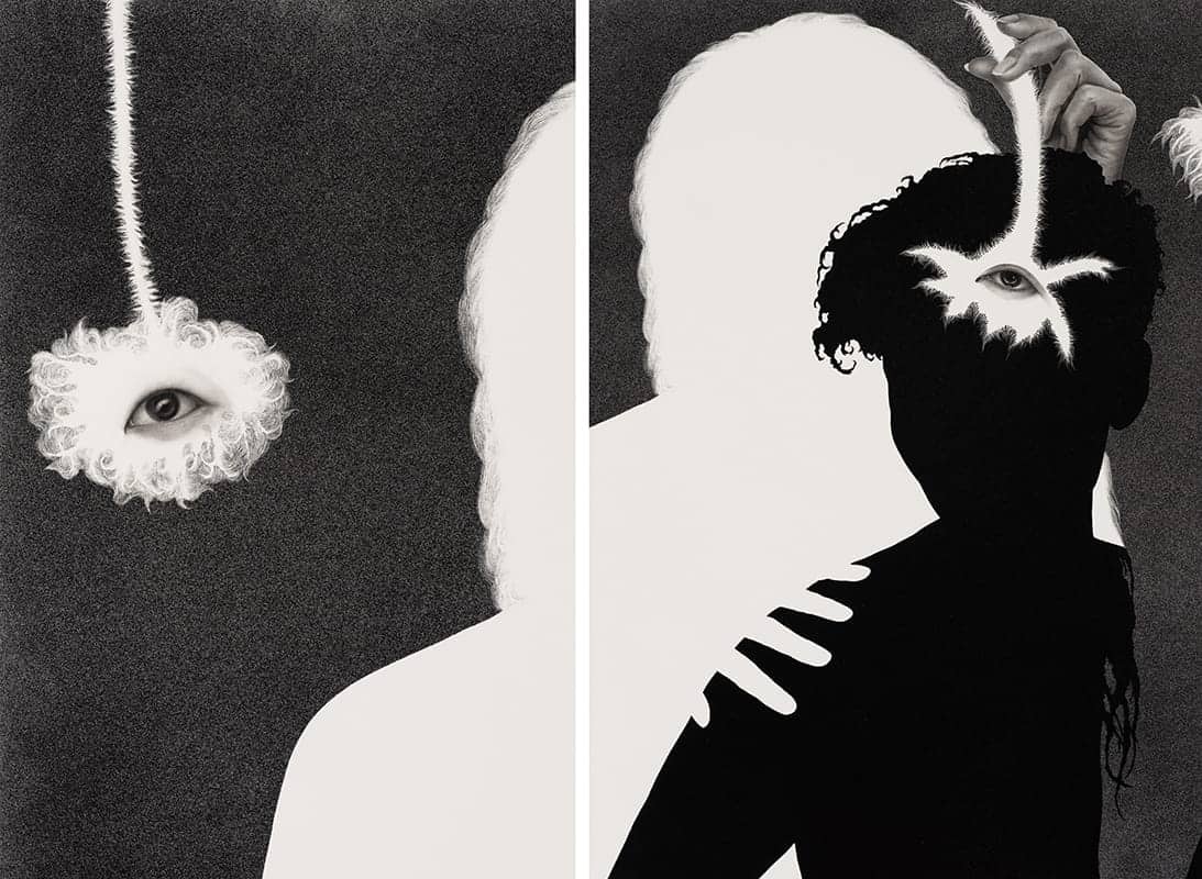 Black and white artwork shows a human silhouette with a hand pulling a string attached to an eye, and a second floating eye surrounded by fluff on a dark textured background. This striking piece reflects the innovative spirit of the PNW arts community, seamlessly blending elements of art and tech to create an evocative visual narrative.