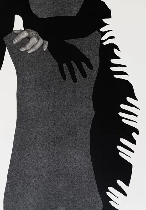 A grayscale image of a figure with realistic hands resting on its side, surrounded by abstract black hand shapes extending from the figure’s outline, evokes the innovative spirit of the PNW arts community at the intersection of art and tech.