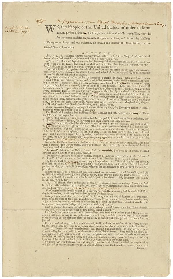 A historic document titled "We the People of the United States" showing the original text of the U.S. Constitution's first page, with handwritten notes at the top—an inspiring artifact that bridges history and progress, much like an innovation lab uniting art and tech for creative exploration.