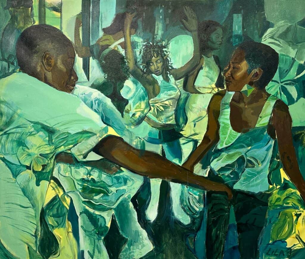 A group of women in white dresses dance and interact in a dimly lit room, with expressive gestures and overlapping figures.