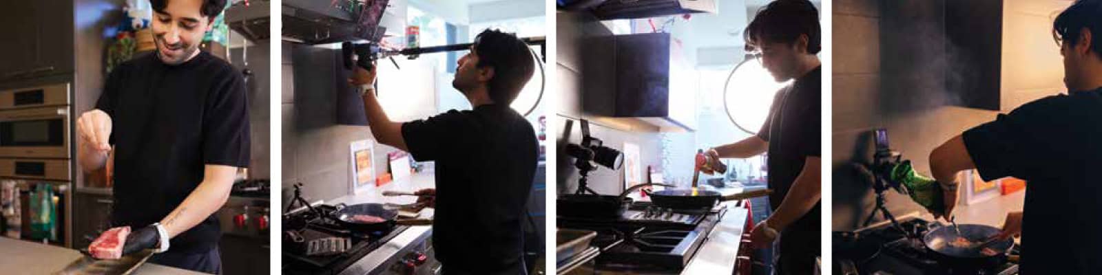 A person seasons raw steak, then cooks it in a kitchen under a mounted camera, showing different steps of food preparation and filming—much like Matt Broussard’s engaging social media cooking demonstrations or behind-the-scenes cookbook shoots.