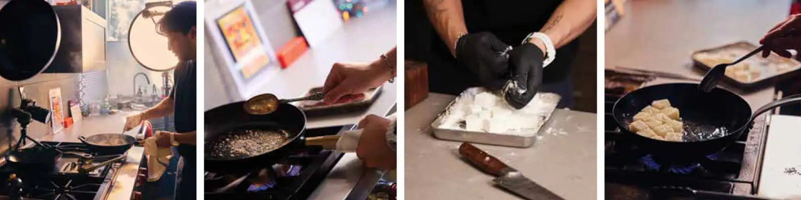 Four photos show a person preparing and frying battered food on a stovetop, scooping batter, coating pieces, and cooking them in a pan—capturing the classic comfort food techniques often shared by Matt Broussard on social media or enjoyed at your favorite Capitol Hill restaurant.
