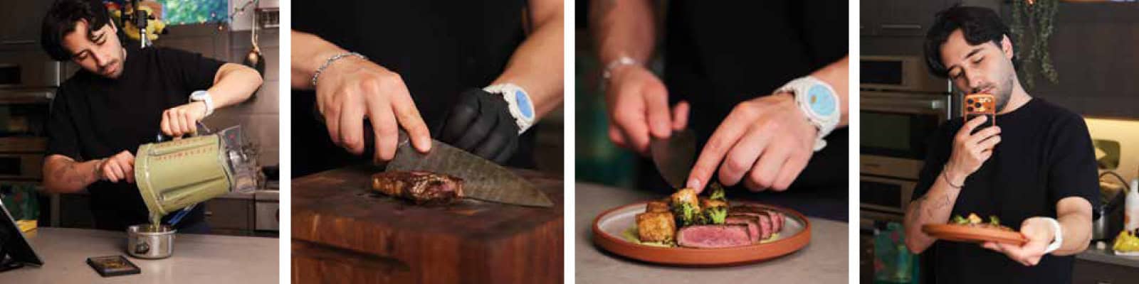 A Seattle chef prepares a meal by blending, slicing steak, plating the food, and taking a photo with his phone in a Capitol Hill restaurant kitchen setting—perfect for sharing on social media.
