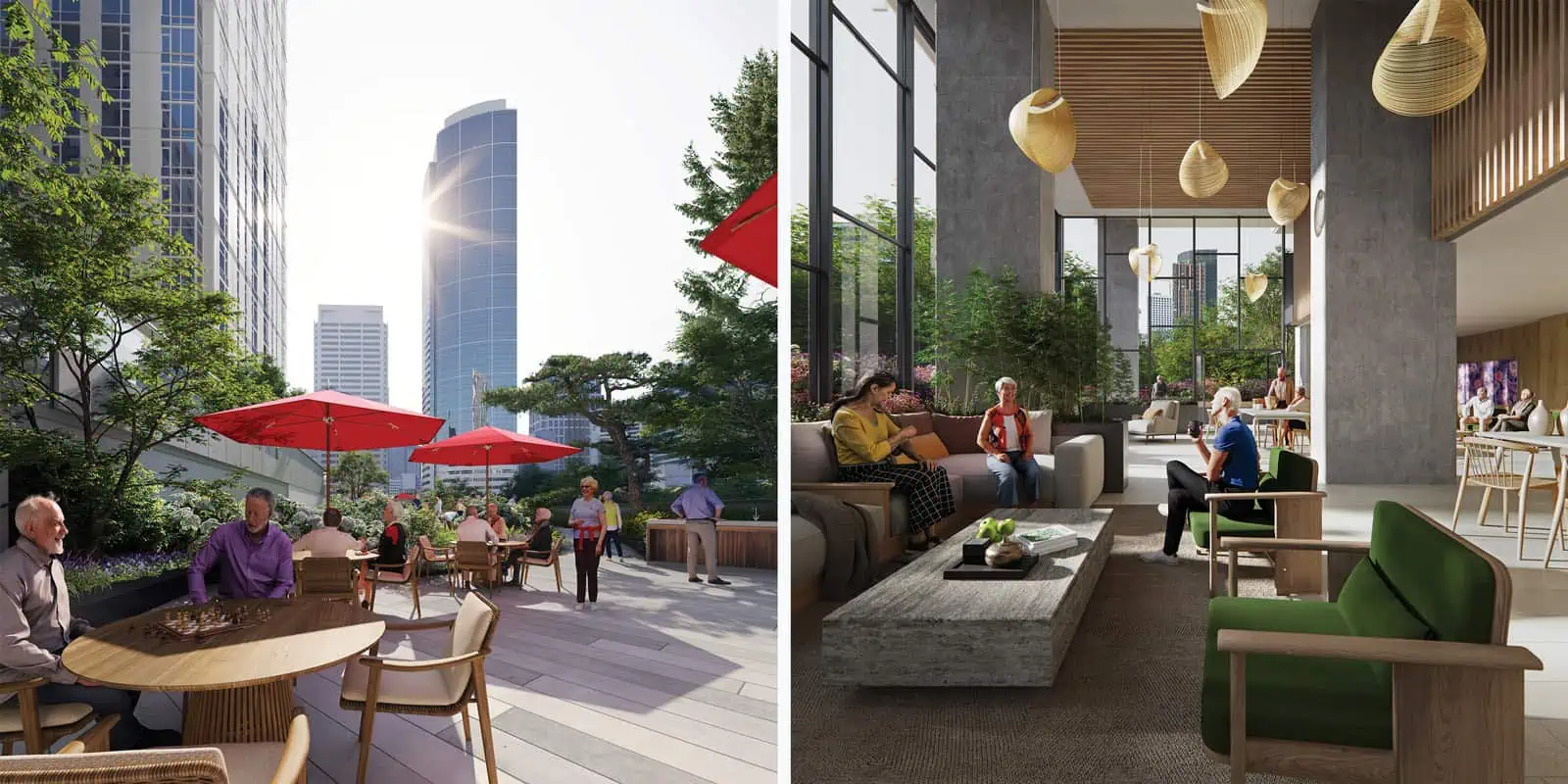 Split image: Left shows people sitting outdoors at tables with red umbrellas in a city; right shows people relaxing and talking in a modern indoor lounge with wooden decor and large windows, capturing the vibrant atmosphere of a First Hill senior living community—a premier senior living high-rise Seattle residents are proud to call home.