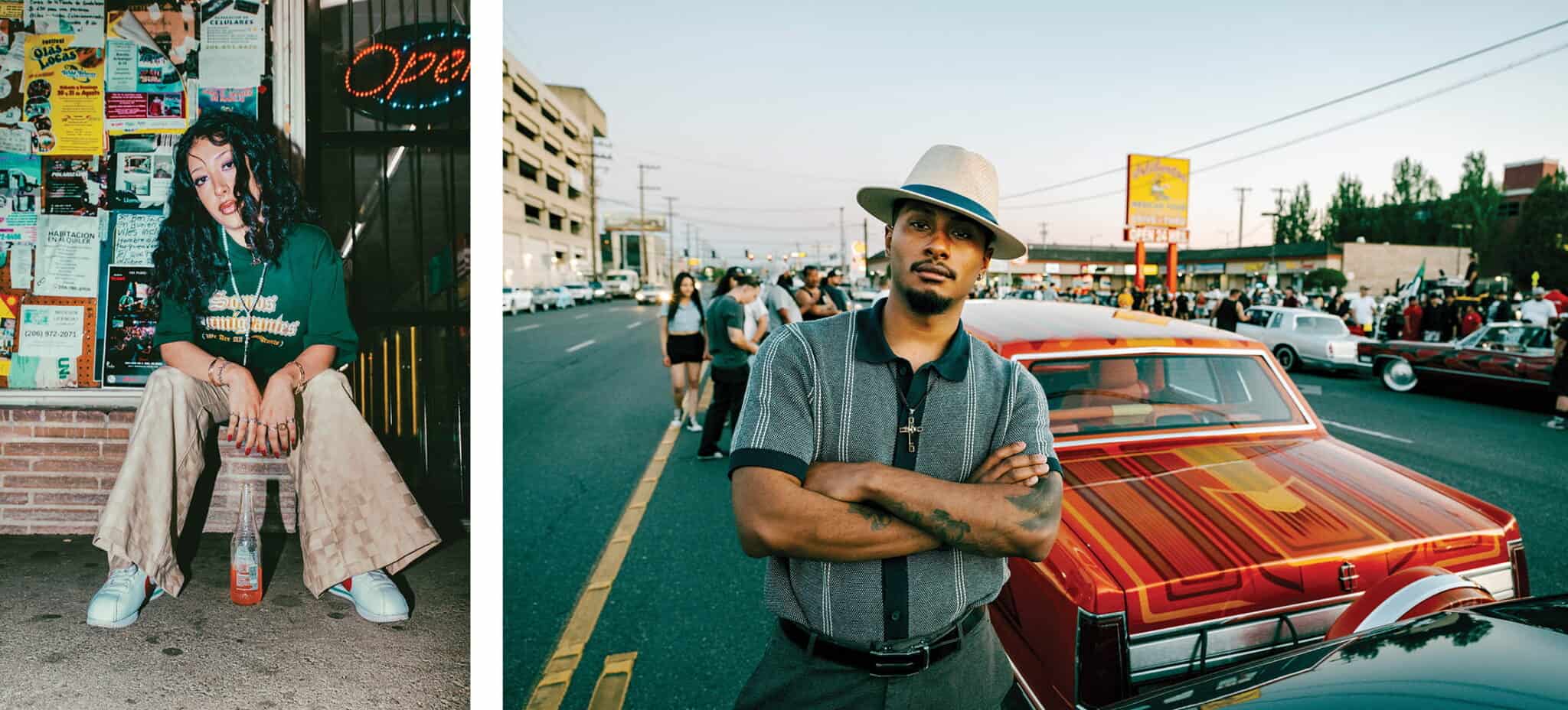 Left: Person sits outside a store with posters, holding a drink—offering a candid glimpse into daily life for a Seattle photo essay. Right: Person in hat stands in front of a custom car at a street event, surrounded by classic cars and people—highlighting the creative flair often seen among local Seattle streetwear designers.