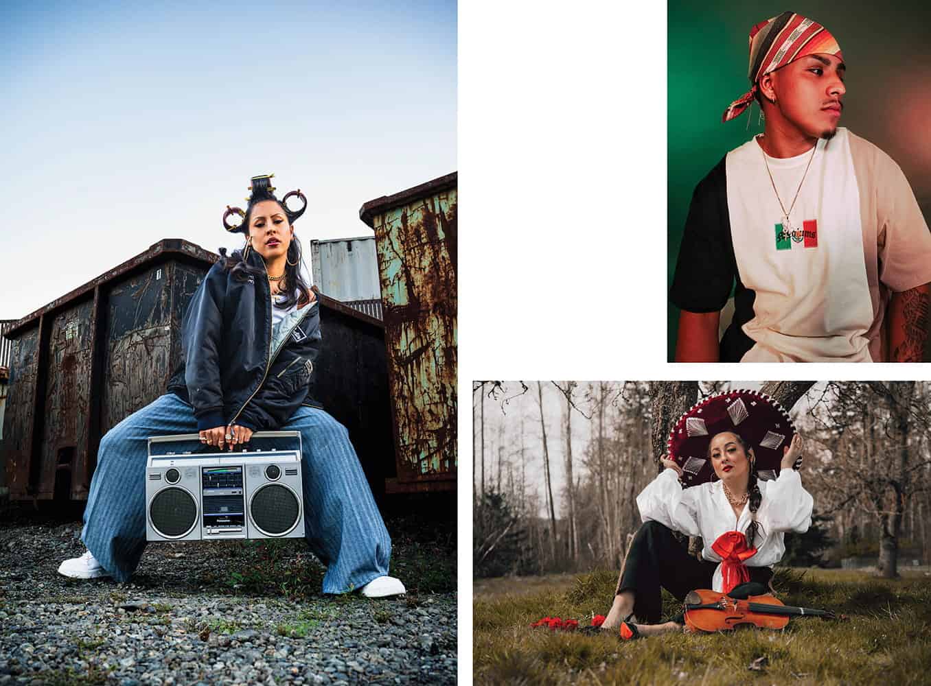 Three portraits: a person with hair rollers and a boombox by dumpsters—a nod to Mexican culture in Seattle, a person in a striped headscarf in studio styled by local Seattle streetwear designers, and a person outdoors wearing a red hat with ribbons and holding a violin.