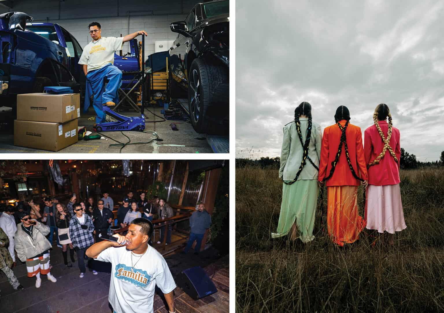 Collage of three photos: a person fixing a car, a performer with a crowd, and three people in colorful outfits standing in a grassy field with their backs to the camera—capturing vibrant moments that reflect Seattle Latinx fashion and the creative spirit showcased by Mediums Collective Seattle.