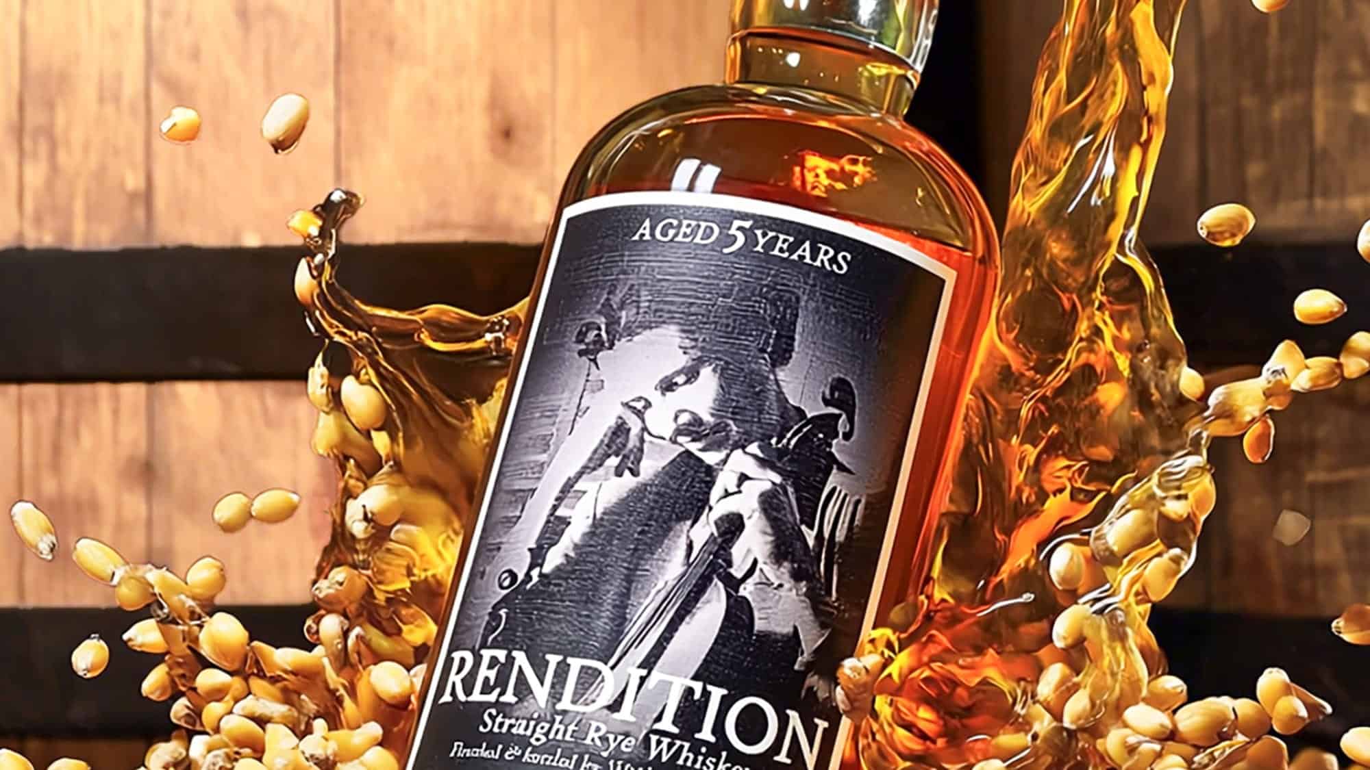 A bottle of Rendition Straight Rye Whiskey, aged 5 years, from a renowned craft distillery, surrounded by splashing liquid and grains, with a wooden barrel in the background.