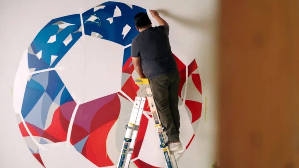 A person stands on a ladder painting a large, geometric soccer ball mural with red, white, and blue colors on a wall, creating striking soccer-themed art to celebrate the upcoming World Cup.