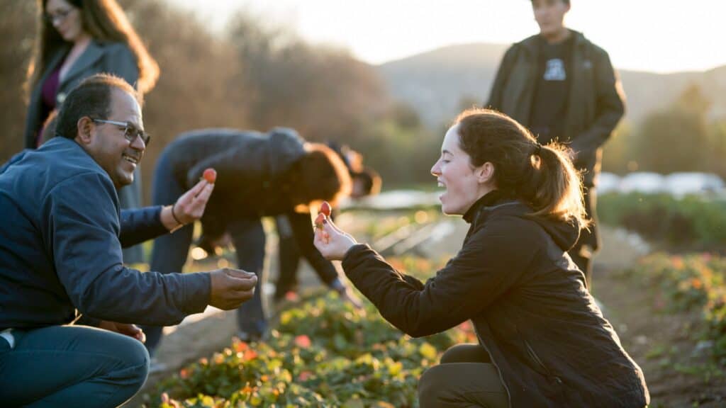 People harvesting strawberries outdoors, smiling and showing their picked berries in a sunlit field, with others working in the background.