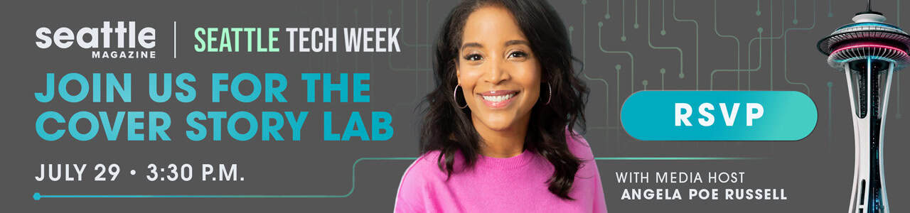 Banner for Seattle Tech Week event, featuring a woman smiling, event details, RSVP button, and the Space Needle; hosted by Angela Poe Russell on July 29 at 3:30 PM. Discover the excitement of Seattle events and celebrate innovation in true Seattle lifestyle fashion.