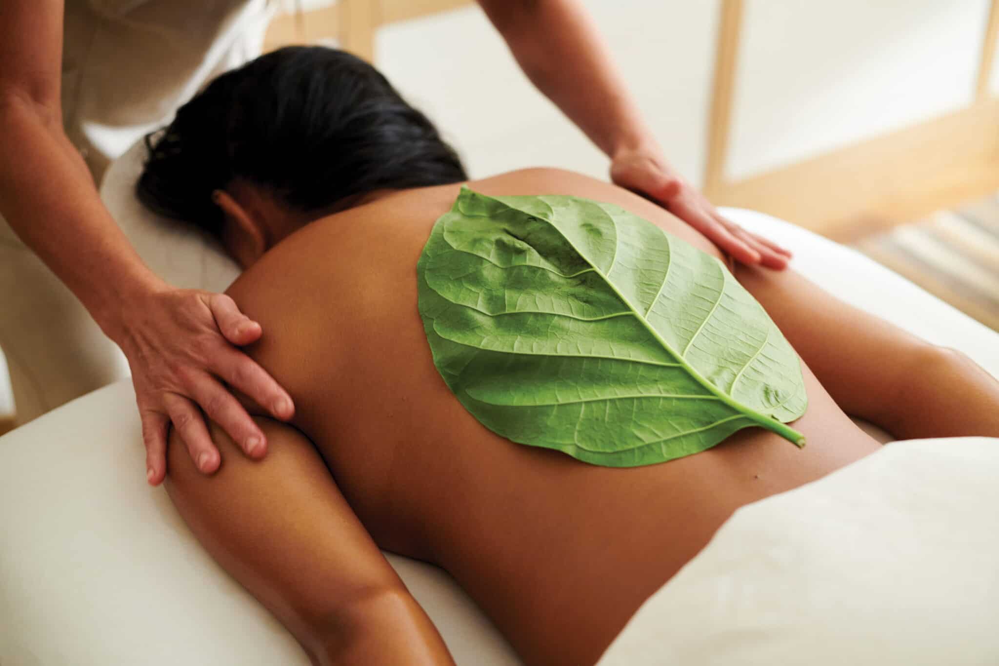 Person receiving a back massage while lying face down, with a large green leaf placed on their upper back at the luxury resort 1 Hotel Hanalei Bay—an experience that captures the serenity of exclusive wellness retreats.