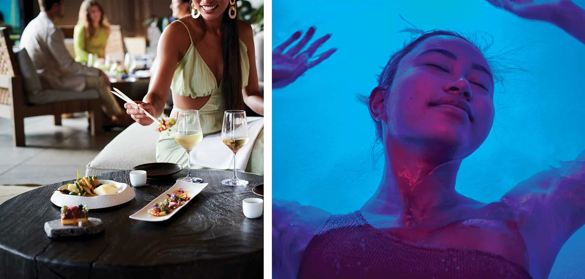 A split image: on the left, a person enjoys plated dishes and wine at a luxury resort restaurant; on the right, another relaxes in blue and purple light, eyes closed, evoking a sense of wellness retreats.
