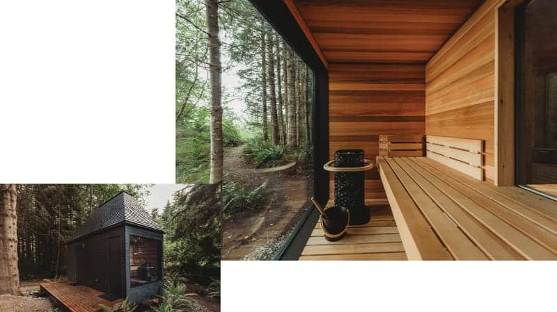 Small wooden cabin in the forest with a large window; interior shows a modern sauna with wood-paneled walls and a view of trees outside, capturing the essence of luxury glamping in Washington State.