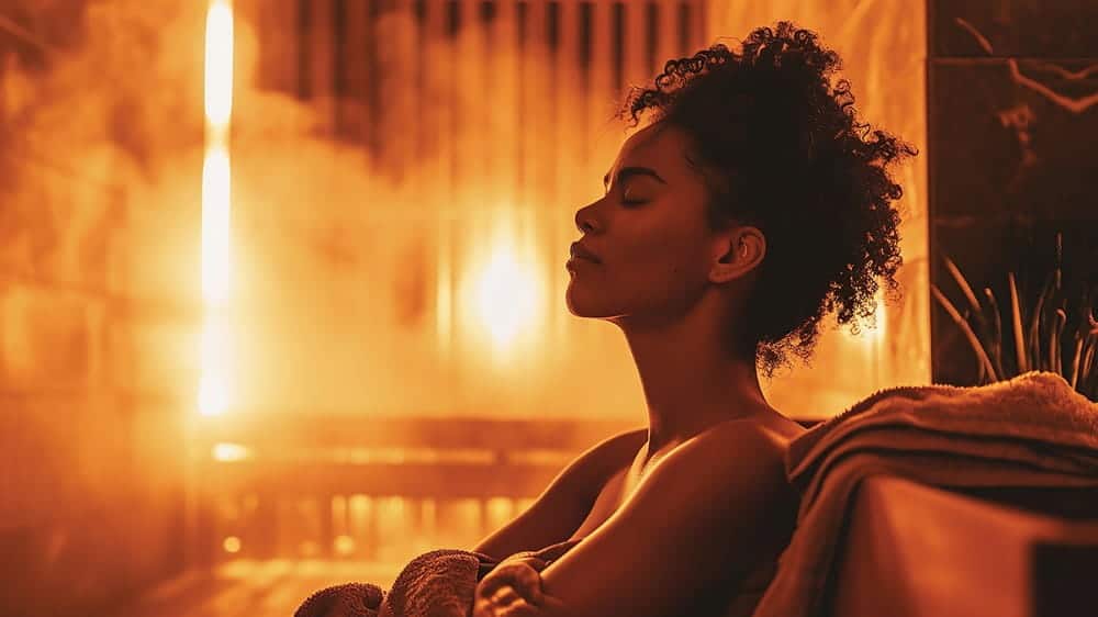 A woman with curly hair relaxes with eyes closed in a steamy, warmly lit sauna, leaning against a towel-covered bench—embracing one of the latest longevity trends Seattle is buzzing about.