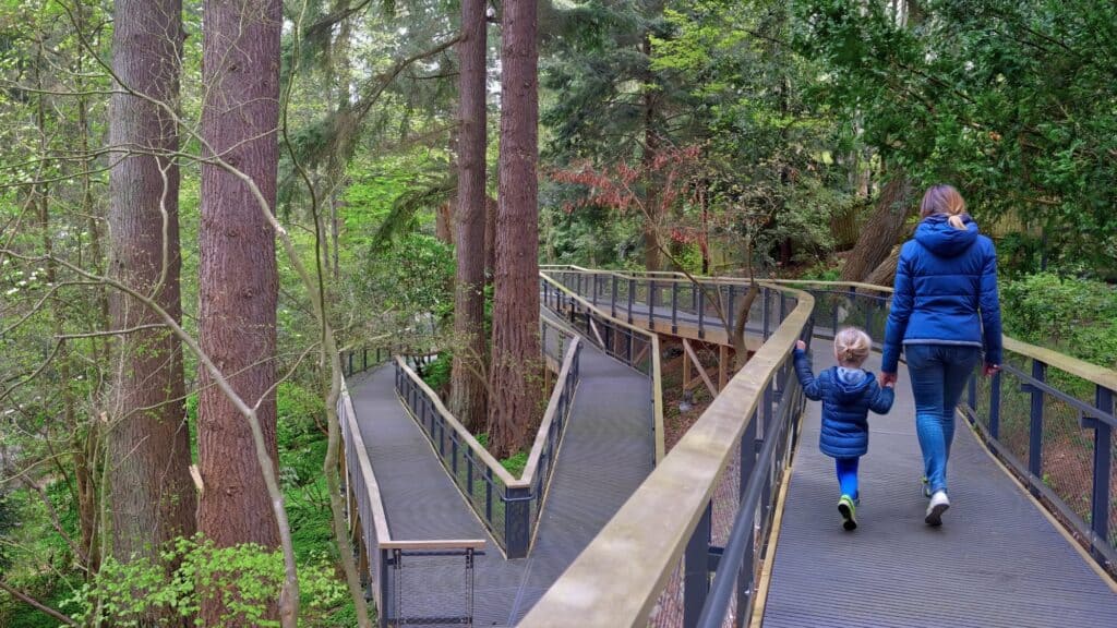 An adult and child walk on a raised walkway through a forest with tall trees and lush green foliage, enjoying one of the best stress-free activities that Seattle family outings have to offer.
