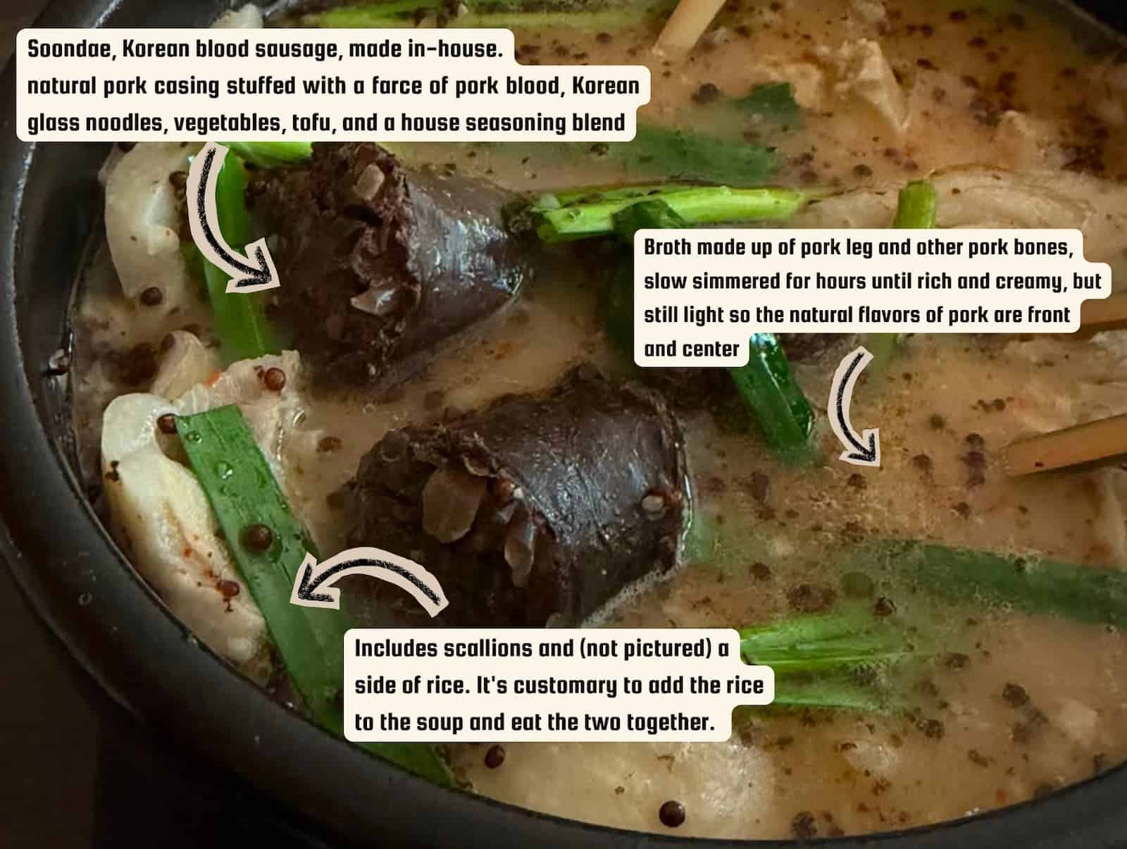 Close-up of Korean Soondae Gukbap soup with slices of blood sausage, green onions, tofu, and vegetables in a rich, peppery broth. Informational text labels describe ingredients and the custom of adding rice to this classic House Special from Busan Jeong.