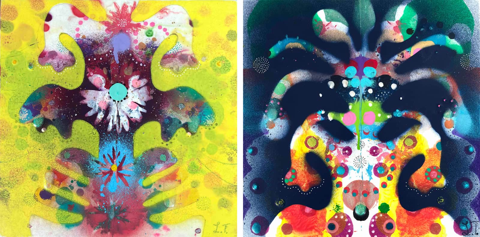 Two abstract, symmetrical paintings by Liz Tran are displayed side by side in this vibrant art piece. The left painting bursts with bright yellow and pink tones, while the right features Studio Sessions-inspired dark blue and neon colors, both showcasing organic and circular shapes.