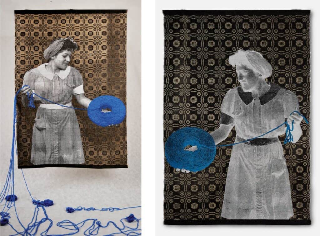 Two textile artworks show a woman holding a bright blue ball of yarn, with yarn extending out; lace-like patterned backdrops in black and beige frame the grayscale figures.