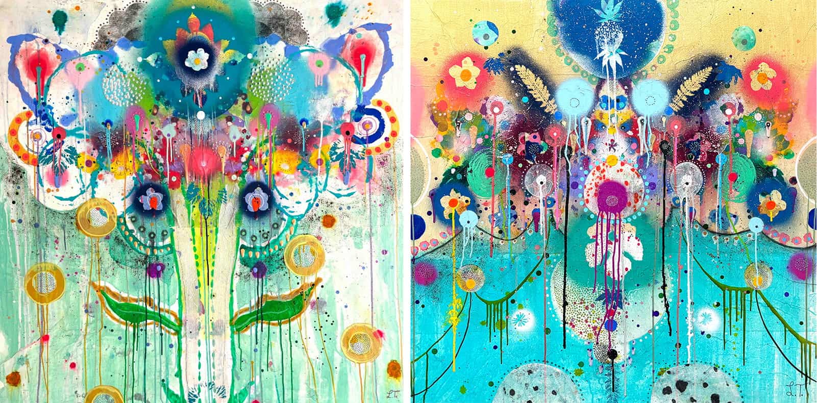 Two colorful abstract paintings by Liz Tran sit side by side, featuring symmetrical floral and circular patterns with paint drips and splatters on vibrant blue, pink, and yellow backgrounds—capturing the energy of her Studio Sessions.