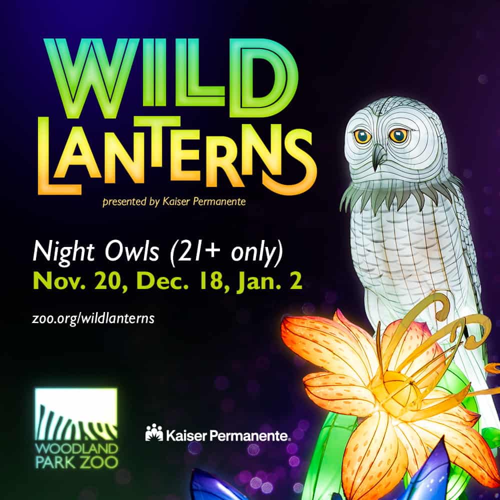 Promotional image for Wild Lanterns at Woodland Park Zoo, featuring a striking white owl lantern and event dates for Night Owls (Seattle 21+ events): Nov. 20, Dec. 18, Jan. 2. Presented by Kaiser Permanente. Don’t miss this unique opportunity to experience Woodland Park Zoo after dark—perfect for fans of OktoBEARfest and other adult-only festivities!.