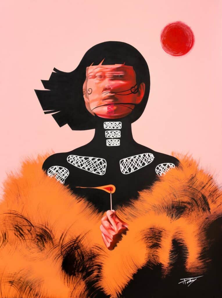 A stylized portrait of a person with a distorted face, short black hair, geometric patterns on black clothing, and an orange fur wrap, set against a pink background with a red circle.