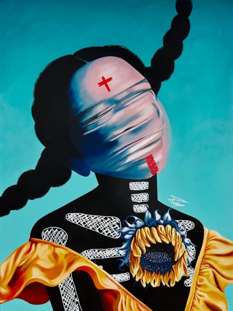 A surreal painting of a figure with bandaged face, red marks, braided hair, a visible ribcage, and a sunflower on the chest, against a blue background.